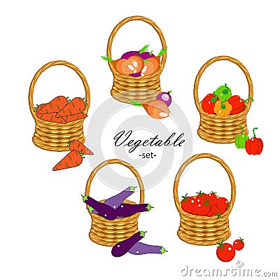 Vegitable set. Carrot, eggplant, papper bell, onion, tomato in wicker basket art design stock vector illustration Vector Illustration